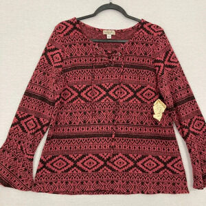 New One World Red Black Southwestern Print Fuzzy Stretch Pullover Top Large